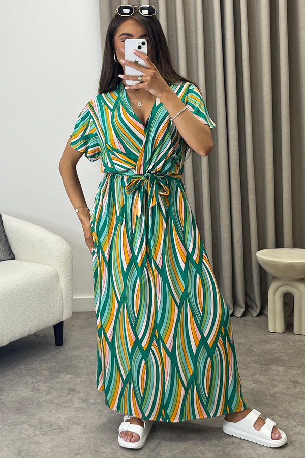 Gwyn Green Multi Stripe Print Plunge Belted Maxi Dress
